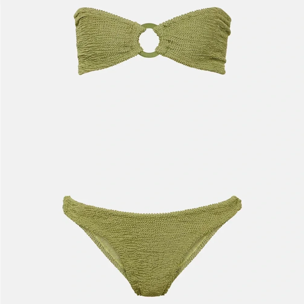 New Hunza G Green Gloria Bikini Set Swimwear One Size Metallic Moss Crinkle